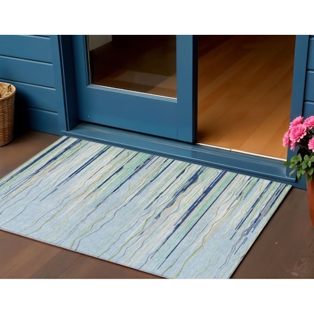 Homeroots 3' X 5' Sky Blue Aqua And Gray Striped Washable Indoor Outdoor Area Rug 597289