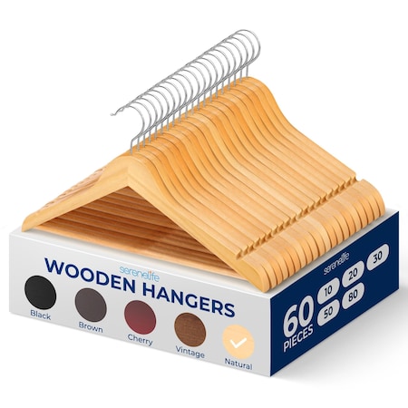 Serenelife Solid Wooden Hangers, Heavy Duty, 360 Deg Swivel Hook, Notched Design, Natural Wood Color, 60PK SLWDD61