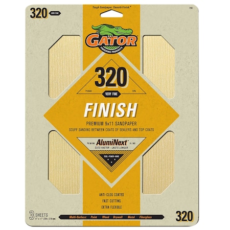 Gator Finishing AlumiNext Premium 9 x 11 in. Sandpaper, 320 Grit, 3PK 7267