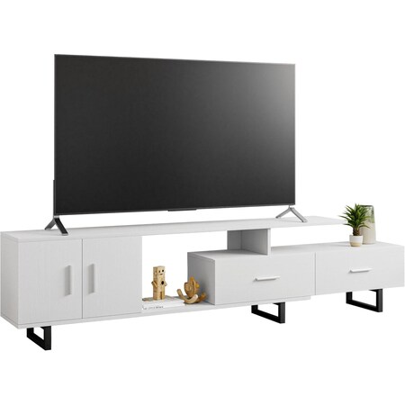 Leisuremod Avery TV Stand with MDF Cabinet and Powder Coated Steel Legs, White ATS69W