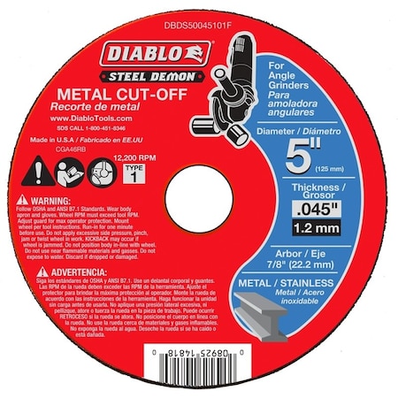 Diablo Steel Demon Cut-Off Disc, 5 in Dia, 0.045 in Thick, 7/8 in Arbor DBDS50045101F