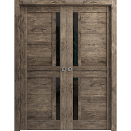Sartodoors Sliding French Dbl Pocket Doors 36 x 84in, Cognac Oak W/ Black Glass, Kit Trims Rail Hardware VEREGIO7588DP-AKA-3684