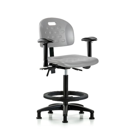 Blue Ridge Ergonomics Poly Chair-High Bench Height with Adjustable Arms, Black Foot Ring, &Stationary Glides in Gray Poly HPHBCH-RG-T0-A1-BF-RG-GRY