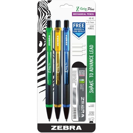 Zebra Pen Z-Grip Plus MP 0.7mm Asst 3pk + Lead & Erasers 55403