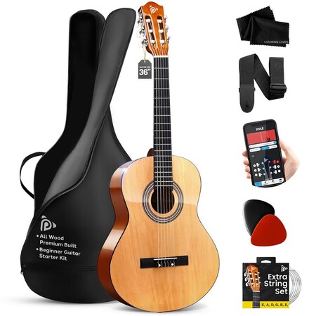 Pyle Beginner Acoustic Guitar Kit, 3/4 Junior Size All Wood Instrument with Full Accessory Kit, Picks PGACLS82