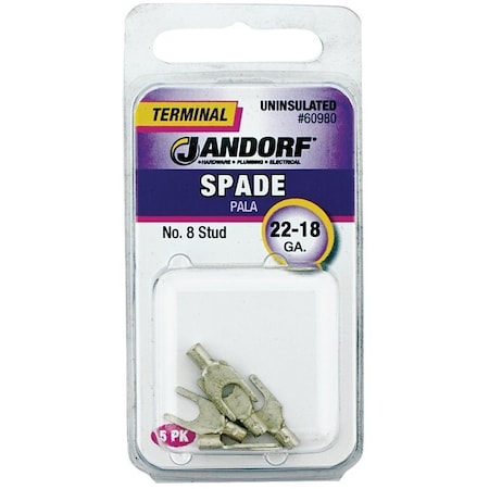 Jandorf Spade Terminal, 600 V, 22 to 18 AWG Wire, No 8 Stud, Copper Contact, 5PK 60980