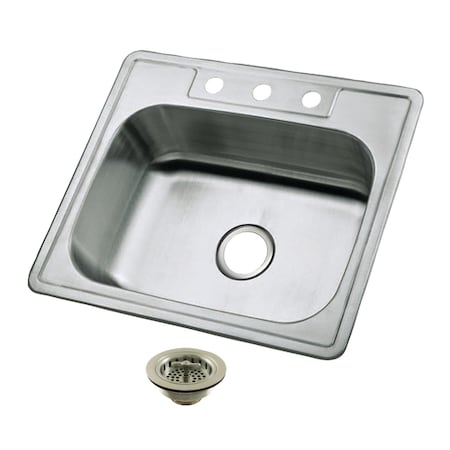 Kingston Brass 25-Inch Stainless Steel Self-Rimming Single Bowl Drop-In Kitchen Sink, 3-Hole with Strainer KGKTS25208