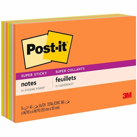 Post-It Super Sticky Notes, 4x6 In., PK8 6445-SSP