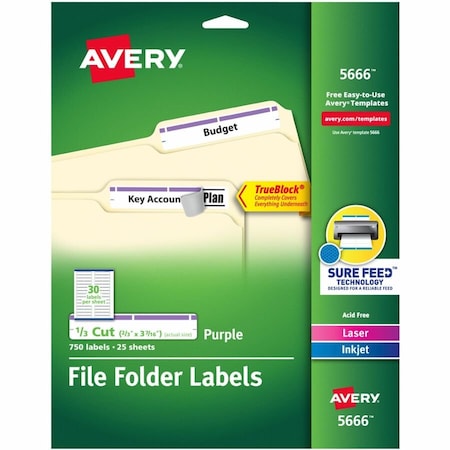 Avery File Folder Label, 21/32" Label W, 30 Labels per Sheet Purple 5666