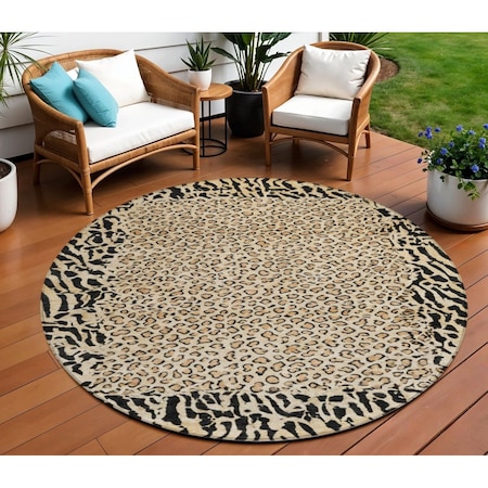 Homeroots 8' Gold Round Animal Print Washable Indoor Outdoor Area Rug 607646