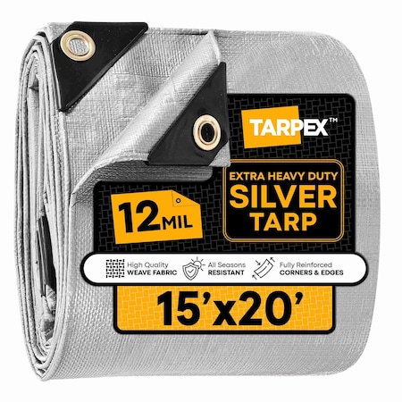 Tarpex Extra Heavy Duty Tarp, 15 ft x 20 ft, 12 Mil, Silver, Polyethylene STHD-TA-1520