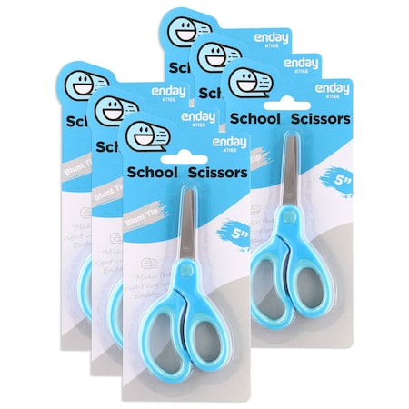 Enday Soft Grip School Scissors, 5", Round Tip, Blue, 6PK 1168-6