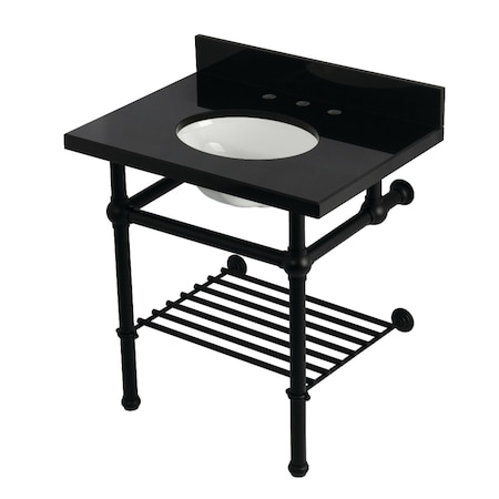 Kingston Brass 30" Black Granite Console Sink with Brass Legs and Shelf, 8-Inch, 3-Hole, Black Granite/Matte Black KVPK3030KBB0