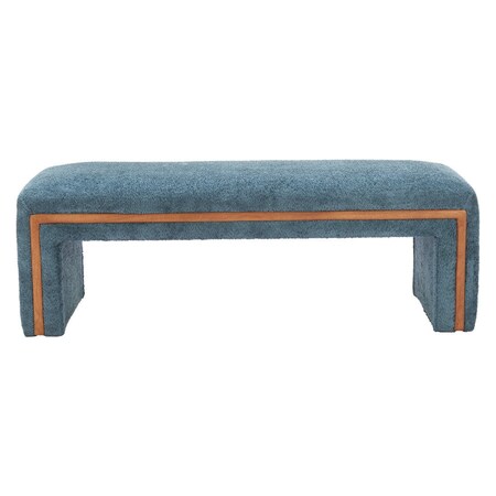 Homeroots 56in Blue and Brown Fabric and Solid Wood Upholstered Bench 668859