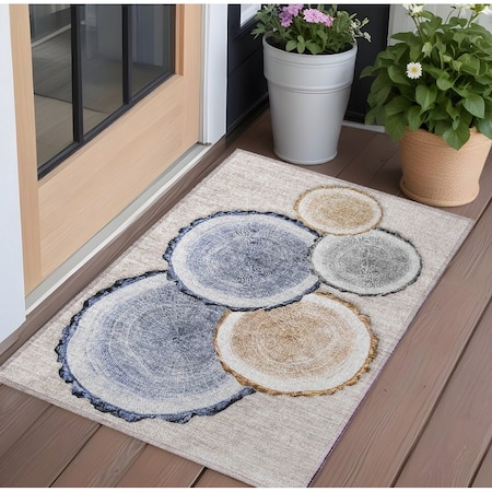 Homeroots 3' X 5' Beige Blue and Gold Faux Bois Washable Non Skid Indoor Outdoor Area Rug 564395