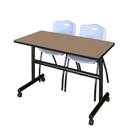 Regency Kobe Flip-Top Training Nesting Table W/ 2 M Stack Chairs, 48 in W, 24 in L, Noble Oak MKFT4824NO47GY
