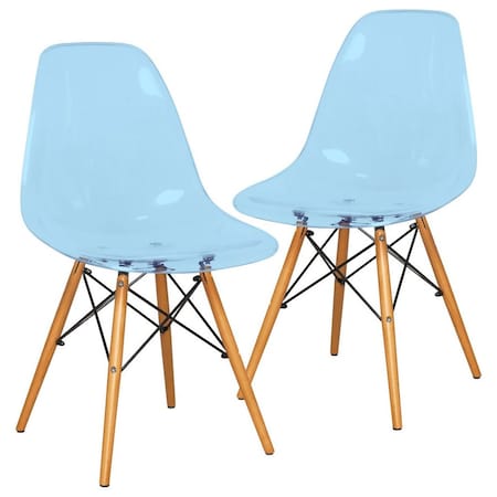 Leisuremod Dover Plastic Dining Side Chair with Wooden Legs, Transparent Blue, 2PK EP19TBU2