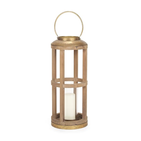 Homeroots 26" Natural And Bronze Distressed Geometric Solid Wood And Metal Tabletop Lantern Candle Holder 609333