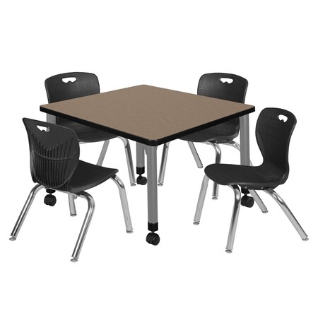 Regency Square Kee Mobile Adjustable Classroom Table W/ 4 Andy Chairs, 30 in W, 30 in L, Noble Oak TB3030NOAPCGY45BK