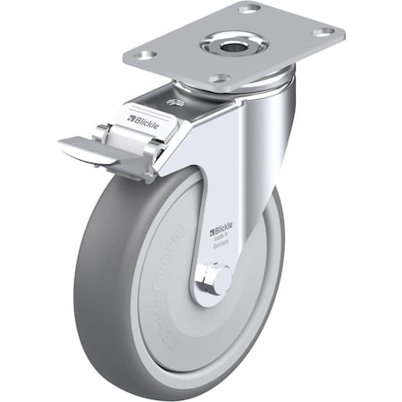 Blickle Swivel Plate Caster, TPR, 5", Brake, Overall Height: 6.34" LKPA-TPA 126KF-12-FI