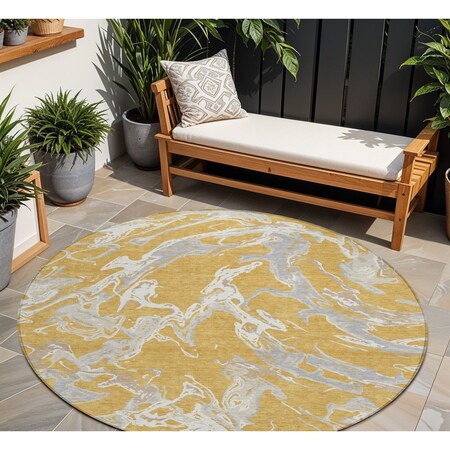 Homeroots 8' Gold Gray And Ivory Round Abstract Washable Indoor Outdoor Area Rug 600086