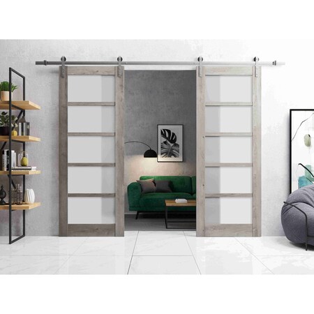 Sartodoors Sturdy Double Barn Door with Frosted Glass Grey 64x84 (2* 32x84) Solid Core Modern Interior QUADRO4002DB-S-NEB-6484