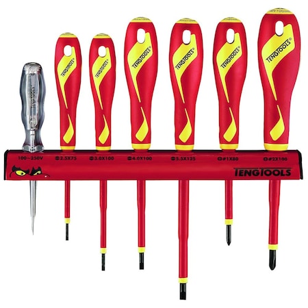 Teng Tools 7 Piece 1000 Volt Insulated Mixed Slotted/Flat, Phillips PH & Voltage Tester Screwdrive WRMDV07N