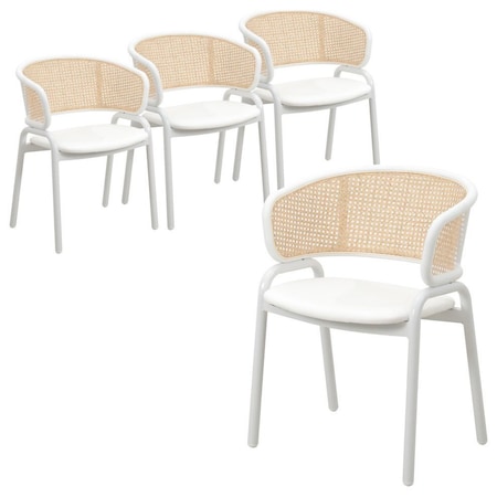Leisuremod Ervilla Dining Chair with White Powder Coated Steel Legs and Wicker Back, White, 4PK ECW-20W4
