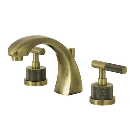 Kingston Brass Widespread Bathroom Faucet with Knurled Handle and Brass Pop-Up, Antique Brass KS4983KNL