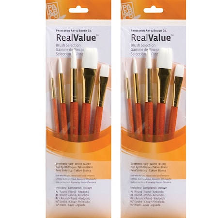 Princeton RealValue Brush Set, White Taklon Bristles, Short Handle Mixed Media Paintbrush, 5-Piece Set, 2PK PR9152