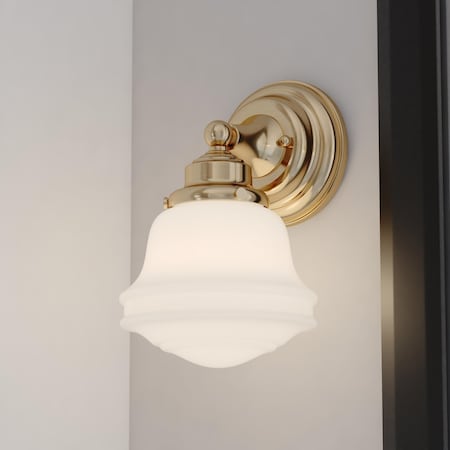 Vaxcel Huntley 1 Light LED Gold Brass Farmhouse Bathroom Vanity Wall Fixture White Schoolhouse Glass W0451