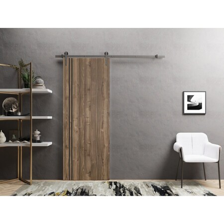 Sartodoors Sliding Barn Door with 6.6ft Hardware, Planum 0016 Walnut and Aluminum Strips, Rail Hangers Sturdy PLANUM0016BD-S-WLN-36