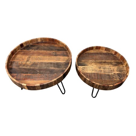 Homeroots Set Of Two Black And Natural Brown Solid Wood And Iron Round End Tables, 2PK 489192