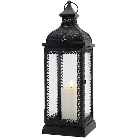Homeroots 18" Clear And Black Glass And Metal Filigree Tabletop Lantern Candle Holder 719770