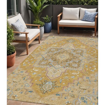 Homeroots 5' X 8' Gold Beige And Blue Oriental Washable Indoor Outdoor Area Rug 600157