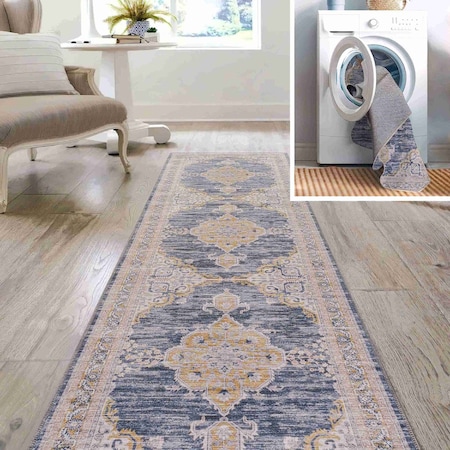 Jonathan Y Wincer Chenille Cottage Medallion Non-Slip Machine-Washable Dark Gray/Yellow 2ft x 8ft Runner Rug WSH202C-28