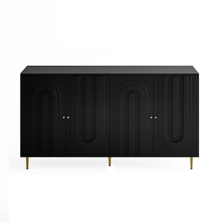 Homeroots 60in Black and Gold Wood and Metal Carved Geometric Accent Cabinet With Four Doors 716321