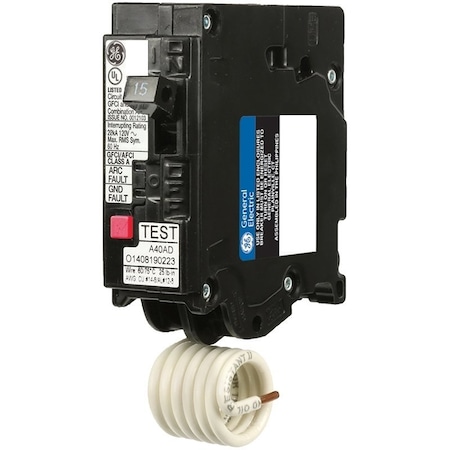 Ge Industrial Solutions Thermal Magnetic Circuit Breaker, THQL Series, 15A, 1 Pole, 120/240V AC, 10kA at 120/240V AC THQL1115DFP