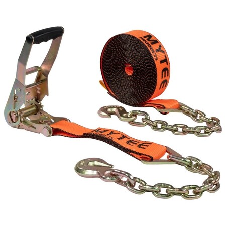 Mytee Products 2inx30ft Orange Ratchet Strap with Chain Anchor 4000 Lbs WLL Hi Abrasion Tie Down RS230AC