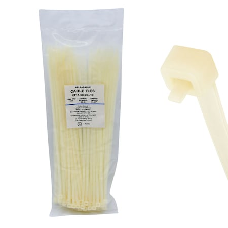 Cable Ties Unlimited Pawl Releasable Cable Tie, 11 in L, 50 lb Strength, 3.2 in Max Bundle Dia, Nylon 6/6, Natural, 100PK RT11-50-9C-.19