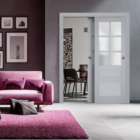 Sartodoors Sliding Closet Bypass Doors with Frosted Glass Grey 84x84 (2* 42x84) Solid Core Modern Interior VEREGIO7339DBD-GRE-8484