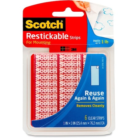 Scotch Restickable Mounting Tabs, Removable, Holds Up to 1 lb, 1 x 3, Clear, PK6 PK R101