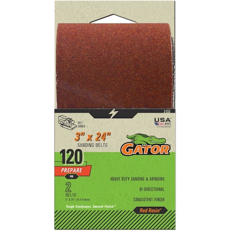Gator Finishing Red Resin 3 x 24 in. Sanding Belt, 120 Grit, Fine, 2PK 3155
