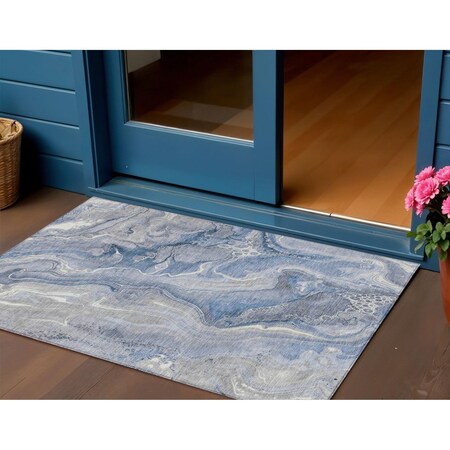 Homeroots 3' X 5' Denim Blue And Ivory Abstract Washable Indoor Outdoor Area Rug 617596