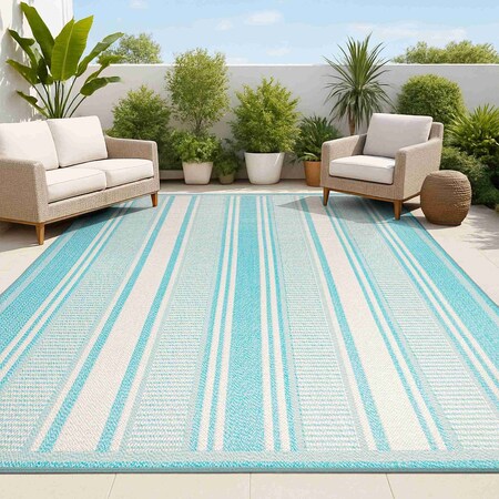 Jonathan Y Haynes Modern Double Stripe Aqua/Beige 4 ft. x 6 ft. Indoor/Outdoor Area Rug SMB202A-4