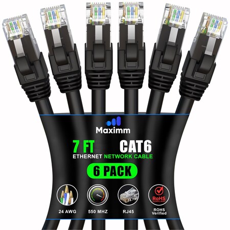 Maximm Cat6 Ethernet Cable 7ft 10Gbps 550MHz UTP, 6PK, Black, 6PK BK6PK09