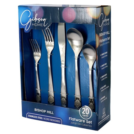 Gibson Home Bishop Hill 20 Piece Stainless Steel Floral Flatware Set in Matte Silver 138510.2