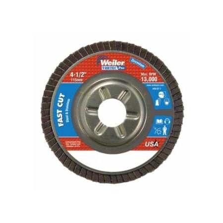 Weiler Vortec Pro Abrasive Flap Disc, Zirconium, 4-1/2 in dia, 60 Grit, 7/8 Arbor, 13000 RPM, 10PK 804-31309