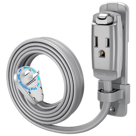 Maximm 10ft 14AWG Heavy Duty AC Extension Cord, 360 degrees Flat Plug, Gray ADW-S360-C6F10-14G0-WM