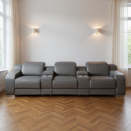 Homeroots 129" Dark Gray Italian Leather Reclining USB Sofa 632877